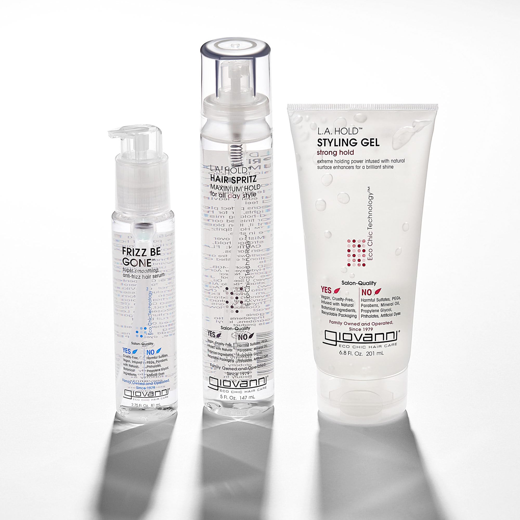 GIOVANNI L.A. Hold Hair Spritz vegan et cruelty-free, emballage recyclable.
