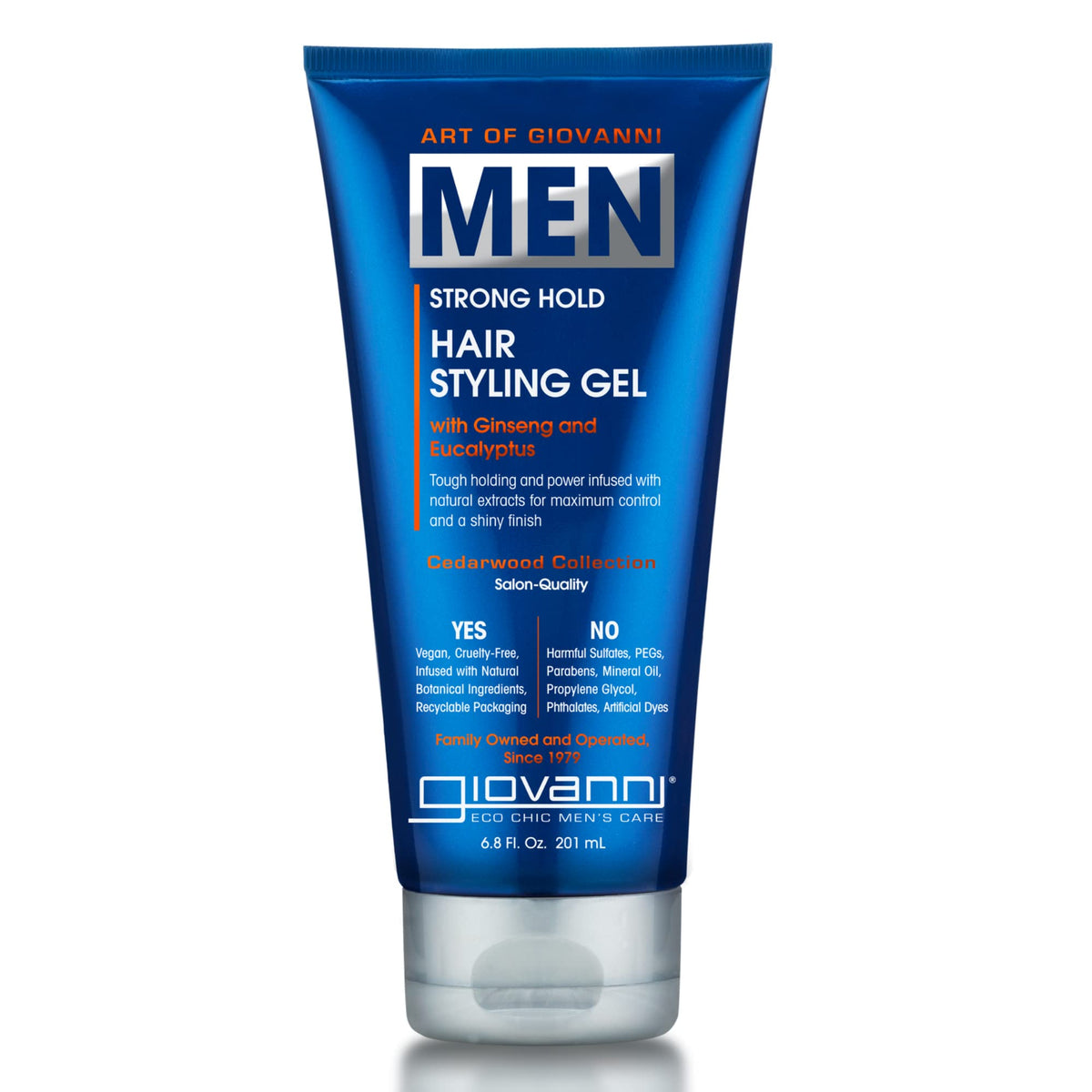 Gel coiffant Giovanni pour hommes, bouteille avec parfum cèdre et eucalyptus pour un style durable.