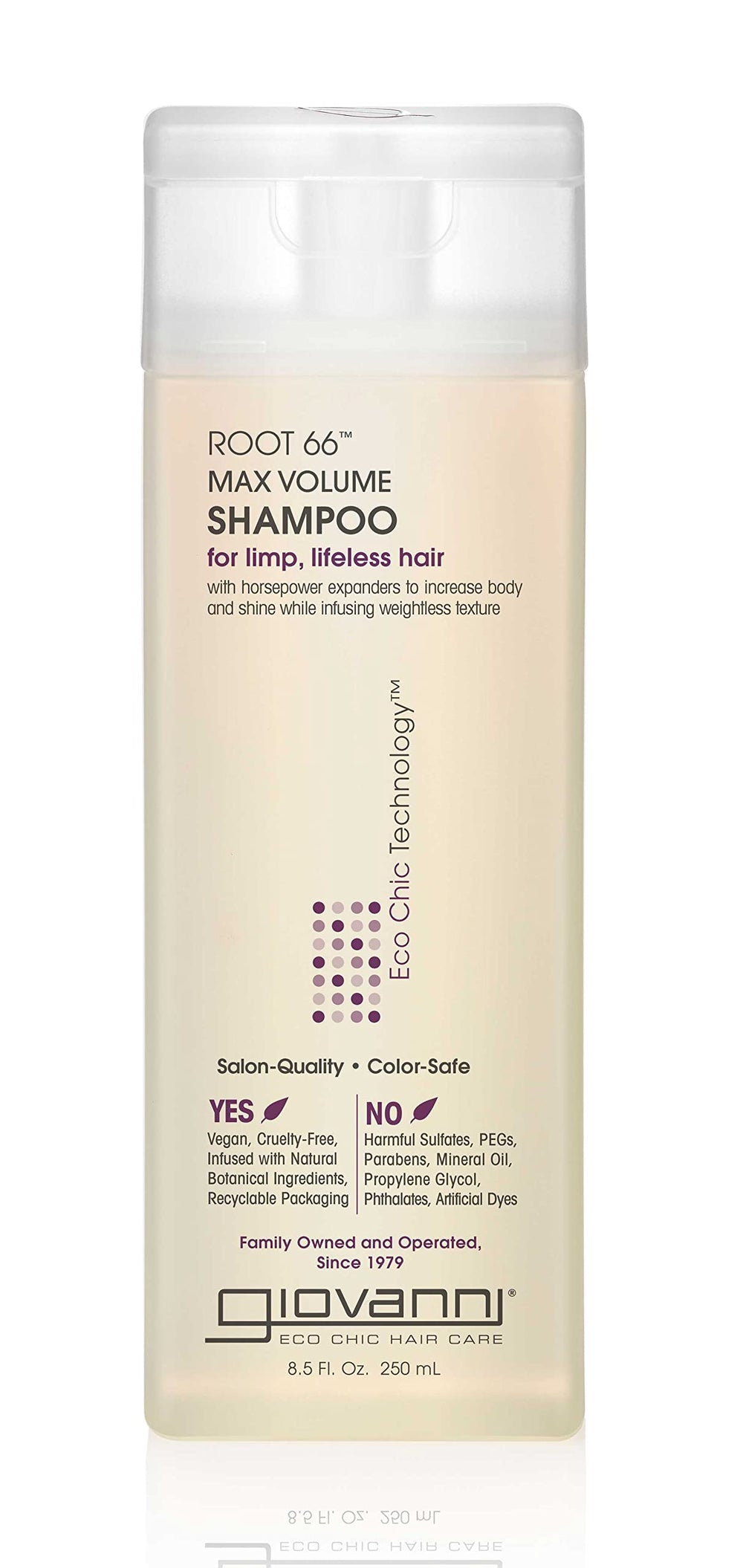 Giovanni Root 66 Max Volume Shampoing bouteille, apporte un volume durable sans alourdir les cheveux.
