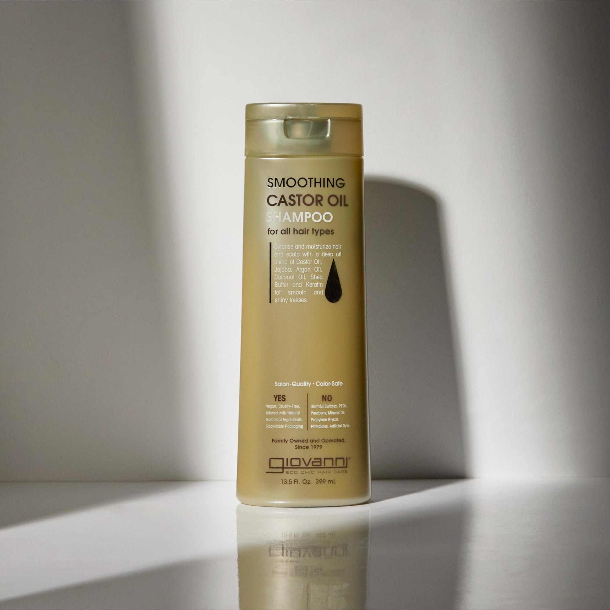 GIOVANNI Shampoing Ricin – flacon avec jojoba et argan, hydratation ciblée.