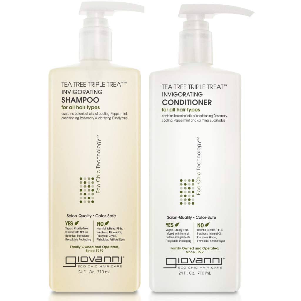 Shampooing GIOVANNI Tea Tree Triple Treat en bouteille, rafraîchissant pour cuir chevelu sec.