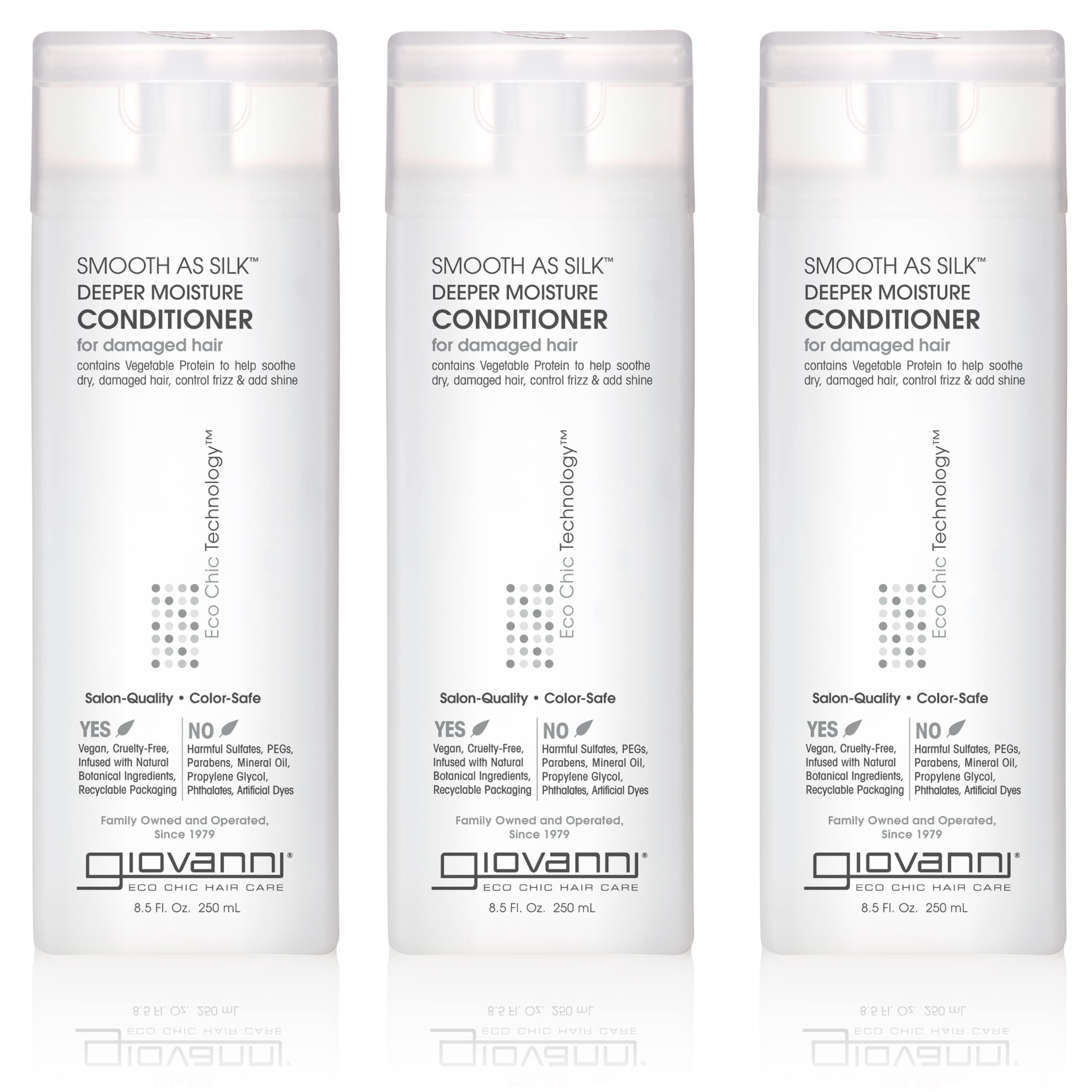 Giovanni Smooth As Silk Deeper Moisture Conditioner – bouteille pour nourrir et démêler les cheveux sans frisottis.