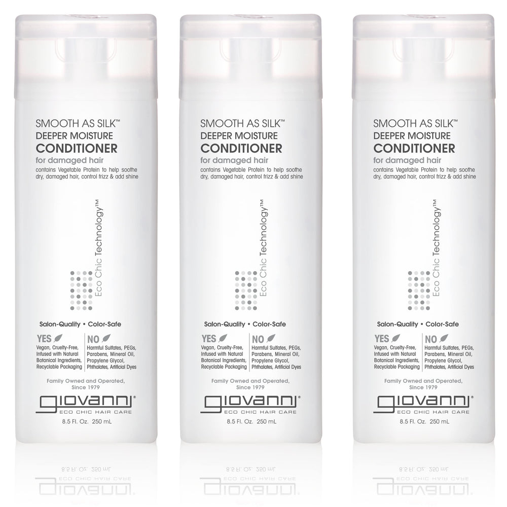 Giovanni Smooth As Silk Deeper Moisture Conditioner – bouteille pour nourrir et démêler les cheveux sans frisottis.