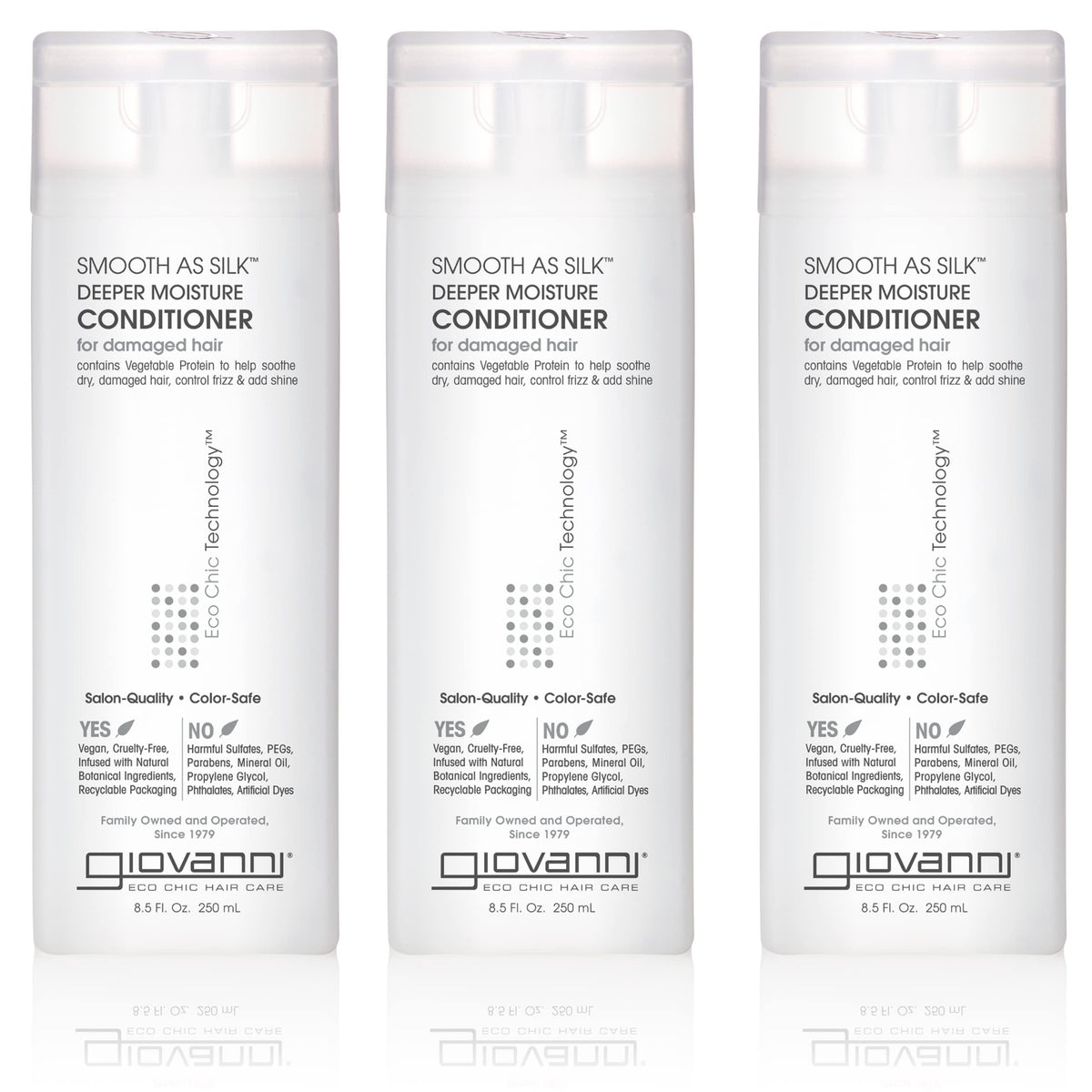 Giovanni Smooth As Silk Deeper Moisture Conditioner – bouteille pour nourrir et démêler les cheveux sans frisottis.