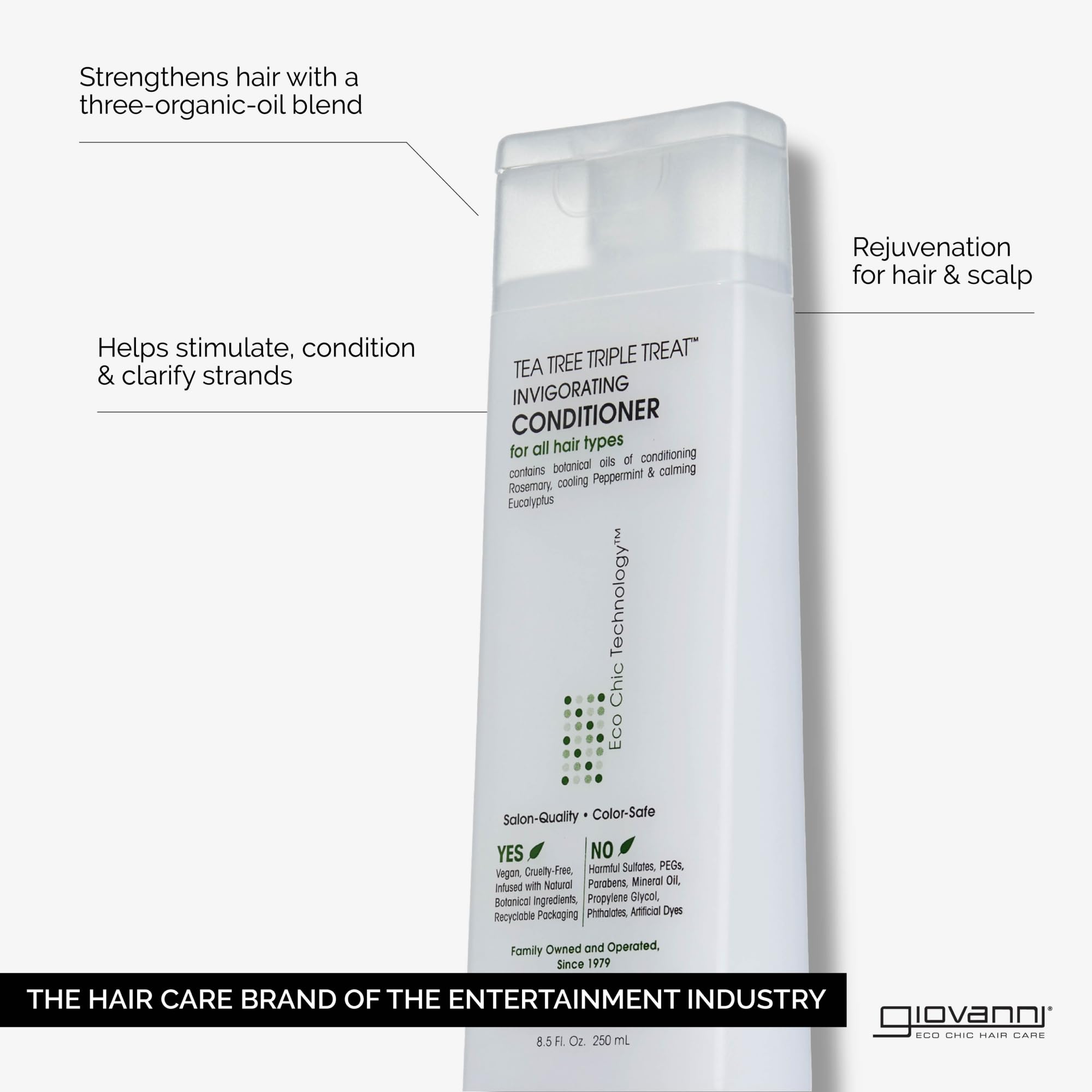 GIOVANNI Tea Tree Triple Treat Conditioner, menthe-eucalyptus, procure une sensation rafraîchissante et revitalise le cuir chevelu.