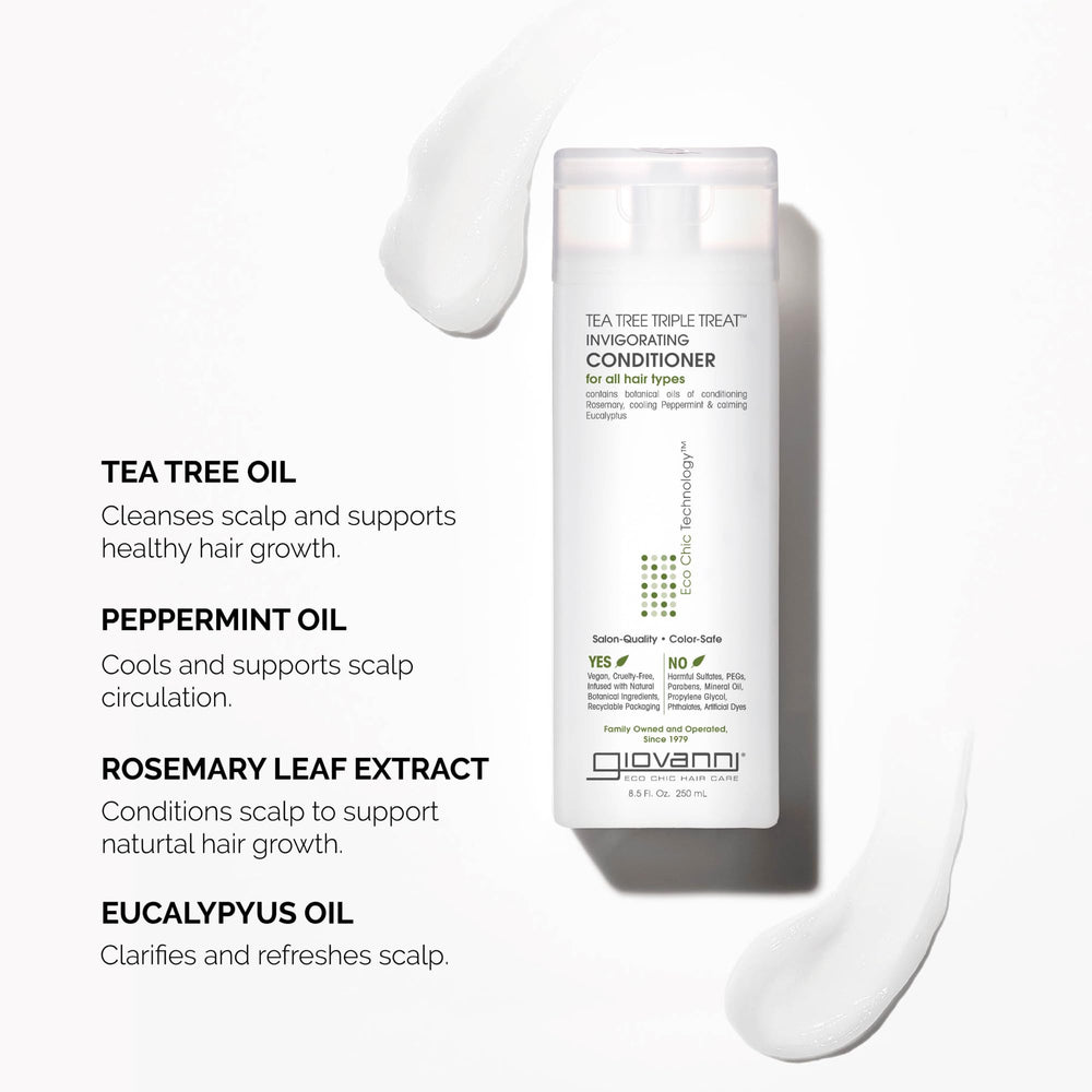 GIOVANNI Tea Tree Triple Treat Conditioner, romarin-huile, nourrit les cheveux et apporte souplesse.