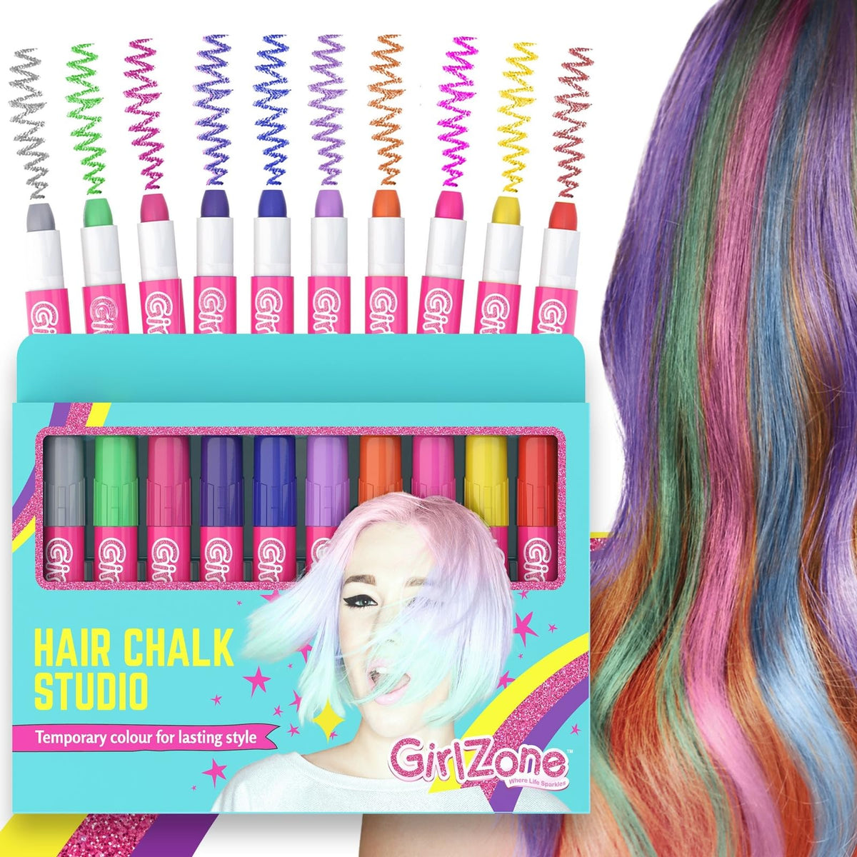 GirlZone kit crayons cheveux 10 couleurs, prête à l emploi pour des looks amusants.
