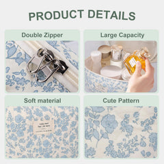 GISMTR trousse maquillage coton quilté Coquette fleurs, grande capacité pour cosmétiques et outils.