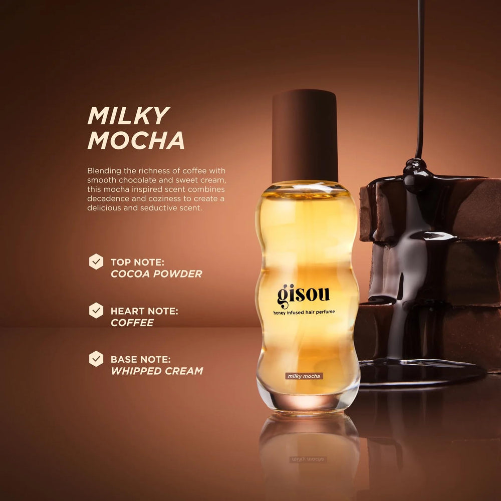 Gisou flacon parfum capillaire au miel Milky Mocha, petit format idéal pour parfumer rapidement les cheveux.