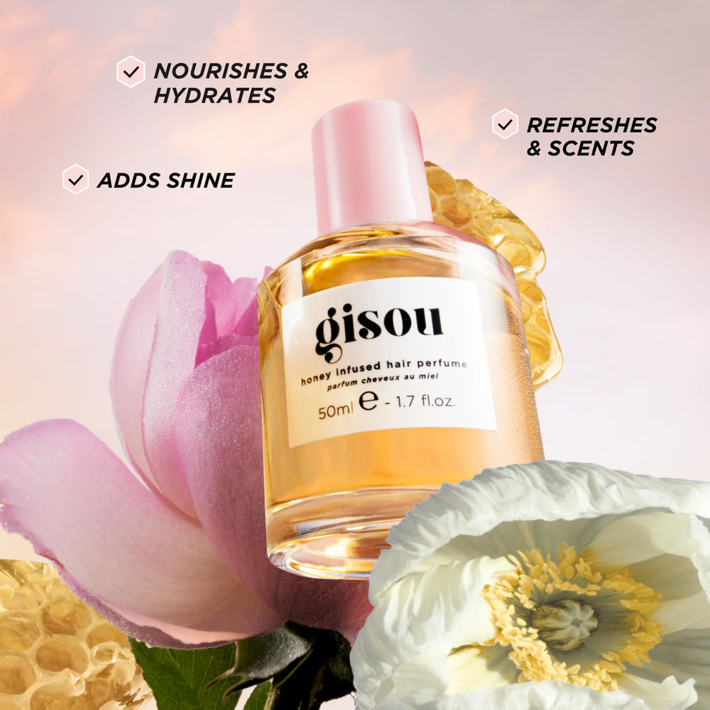 Brume légère du parfum capillaire Gisou sur cheveux secs