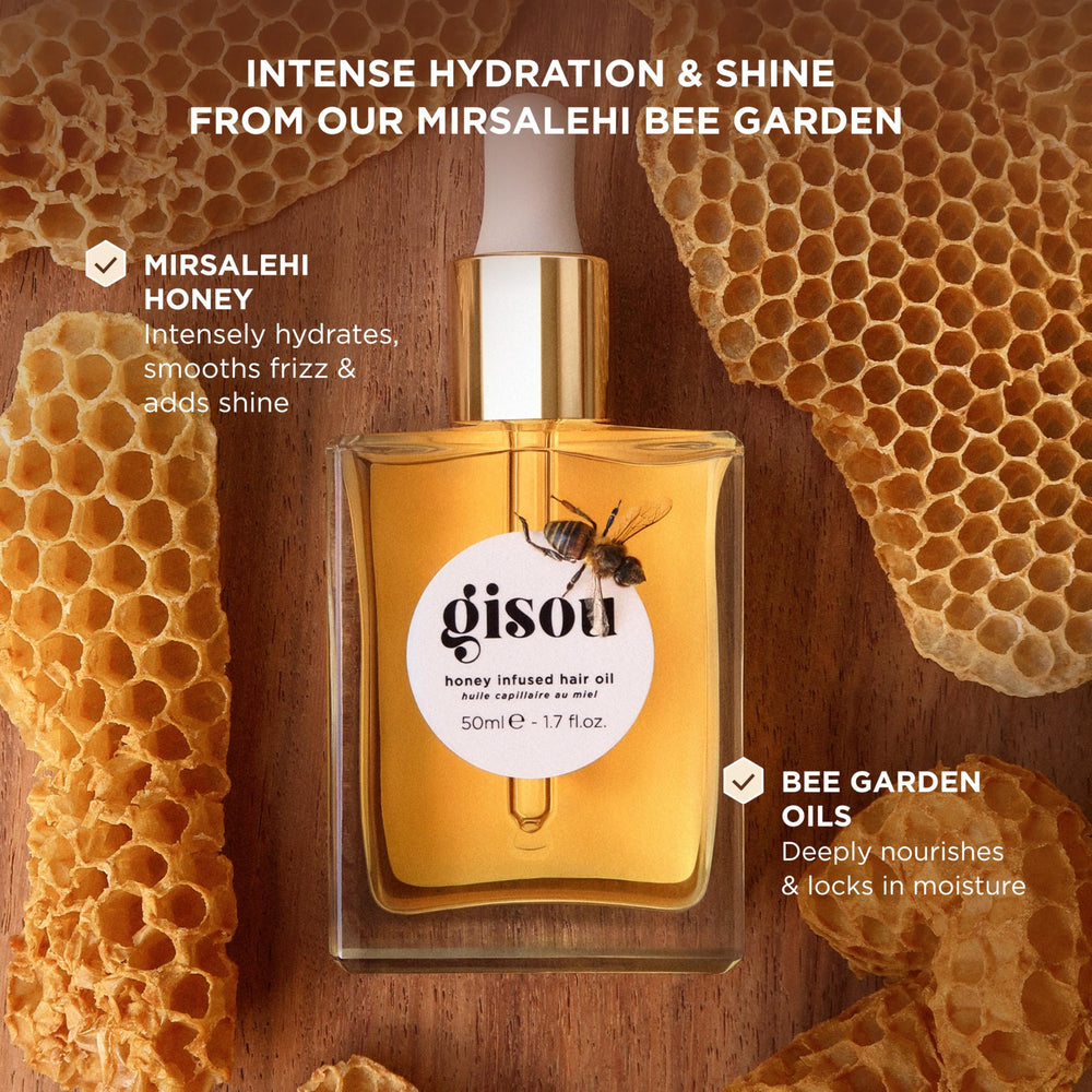 Gisou huile capillaire au miel, texture lumineuse nourrissant sans peser.