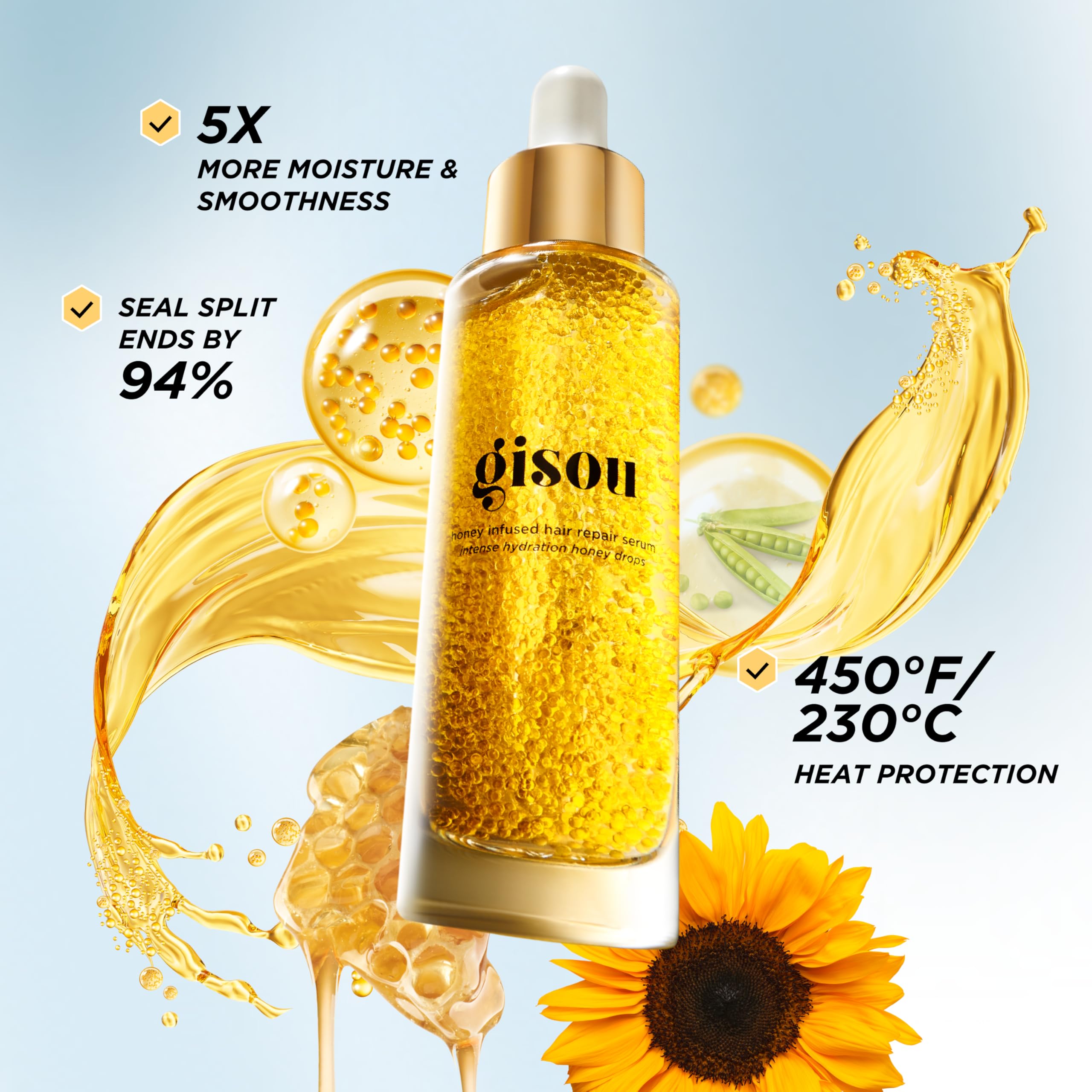 Application du sérum Gisou sur cheveux humides pour sceller l'hydratation.