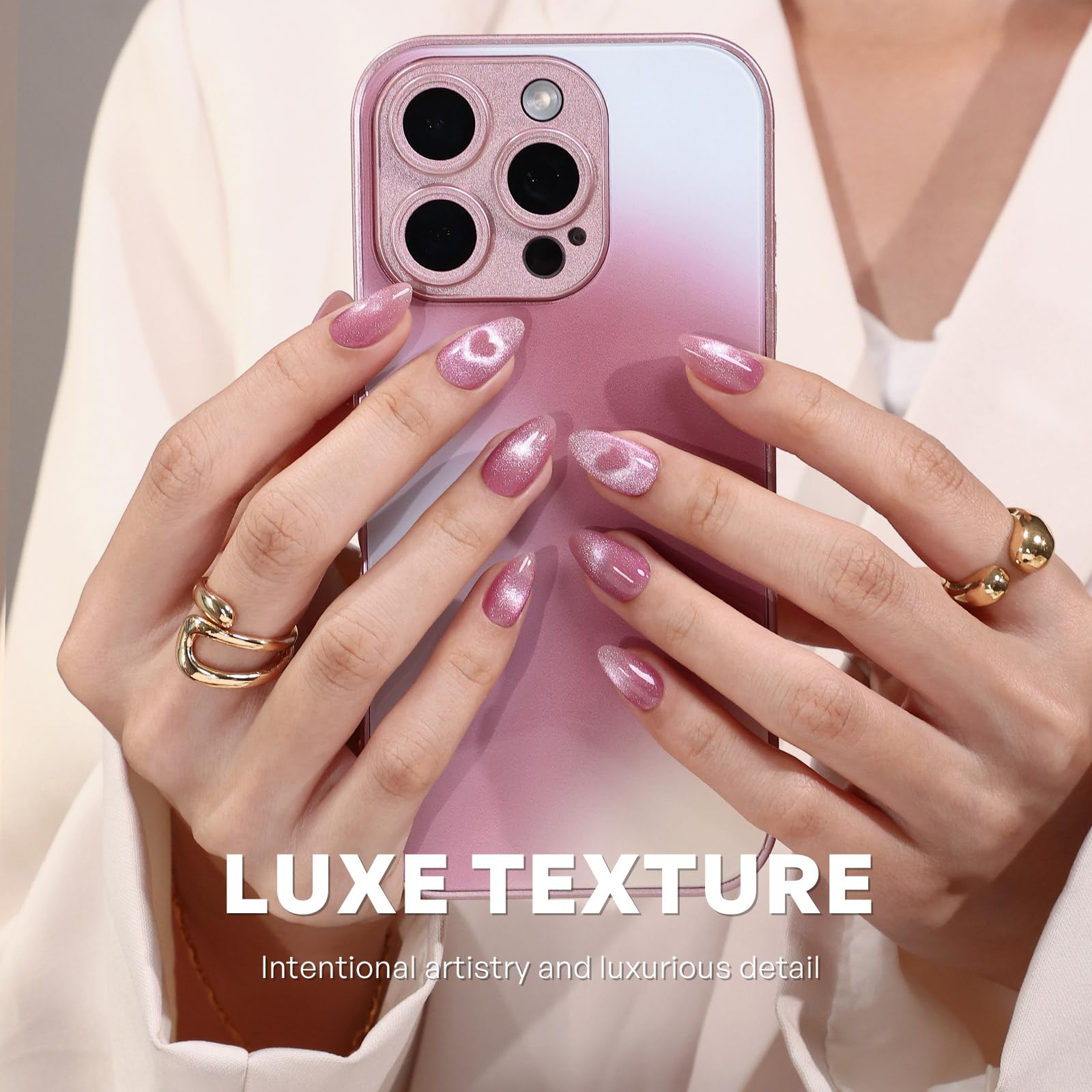 GJZEZ Ongles cœur œil-de-chat rose, look chic et sophistiqué