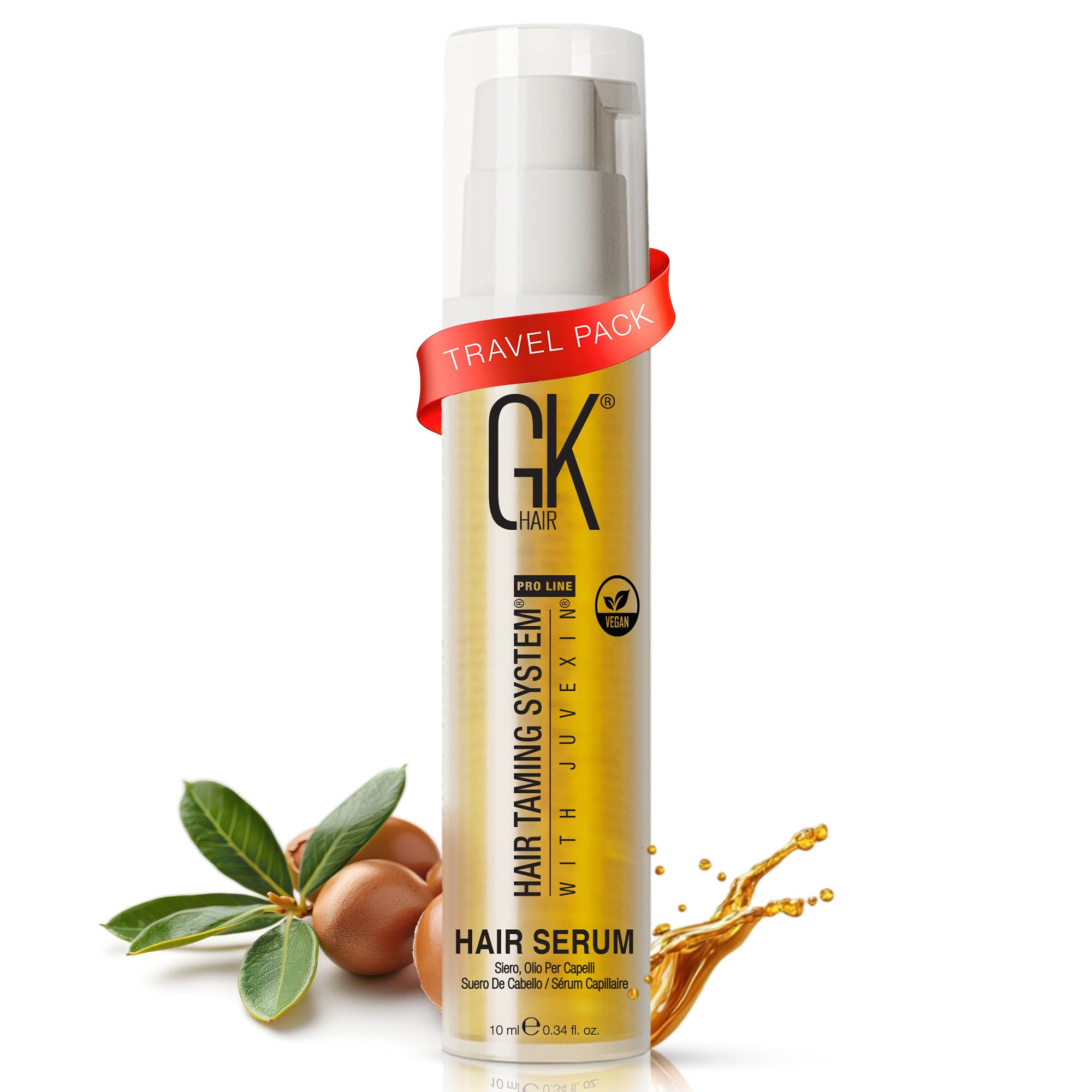 GK HAIR Huile d’Argan format voyage présente un flacon pratique pour nourrir et hydrater les cheveux.