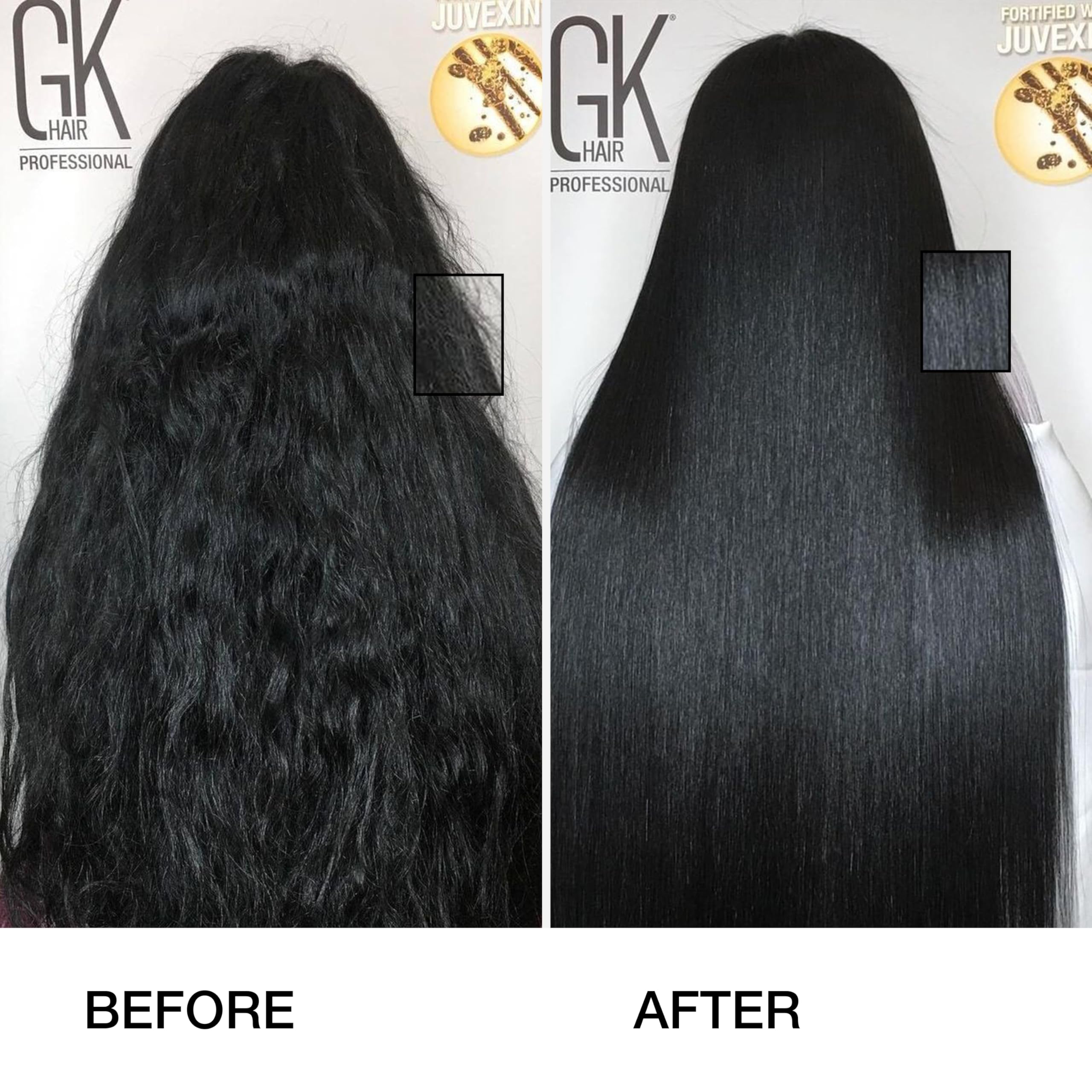 GKHair – avant/après, cheveux lisses et brillants après le soin.