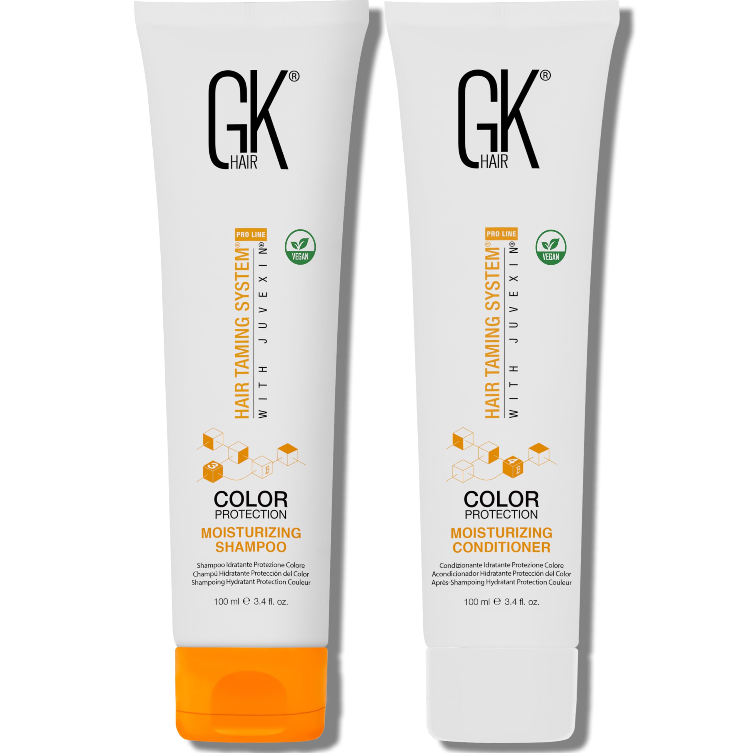 GK Hair ensemble format voyage shampoing et après-shampoing pour boucles colorées.