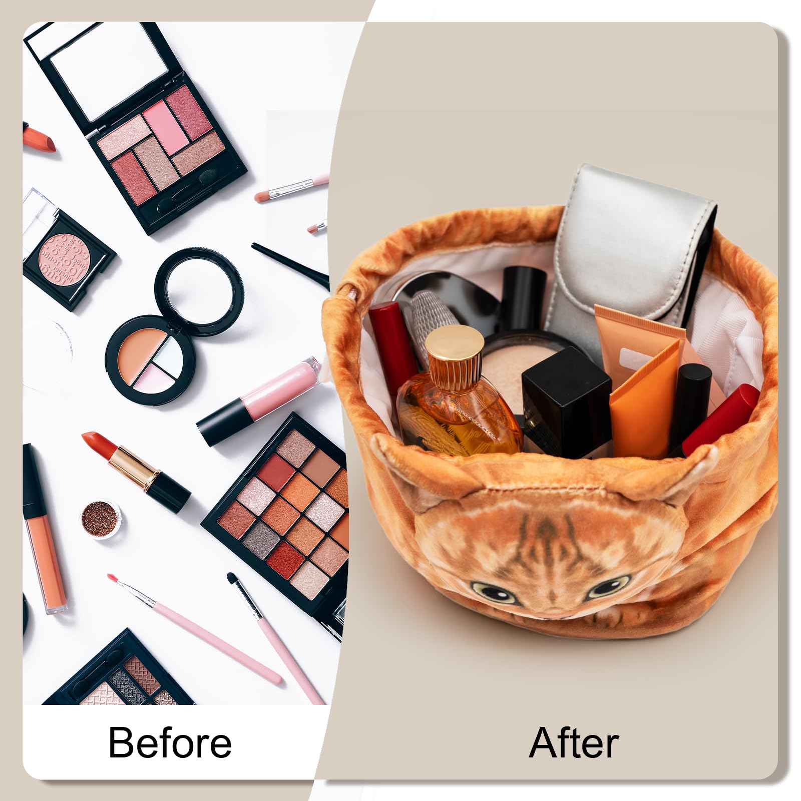 Trousse GKIOYRO chat gris, intérieur spacieux pour produits de beauté et accessoires.
