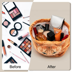 Trousse GKIOYRO chat gris, intérieur spacieux pour produits de beauté et accessoires.