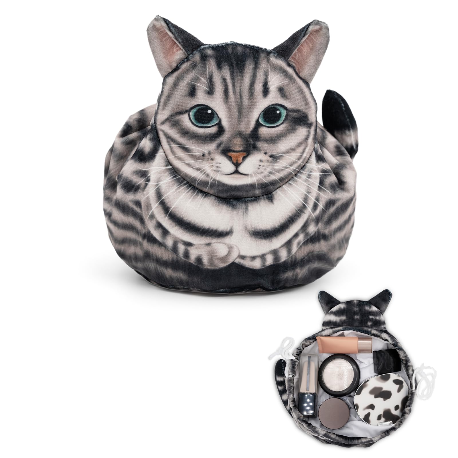 Trousse GKIOYRO chat gris ouverte, rangement pratique pour voyage et sac à main.