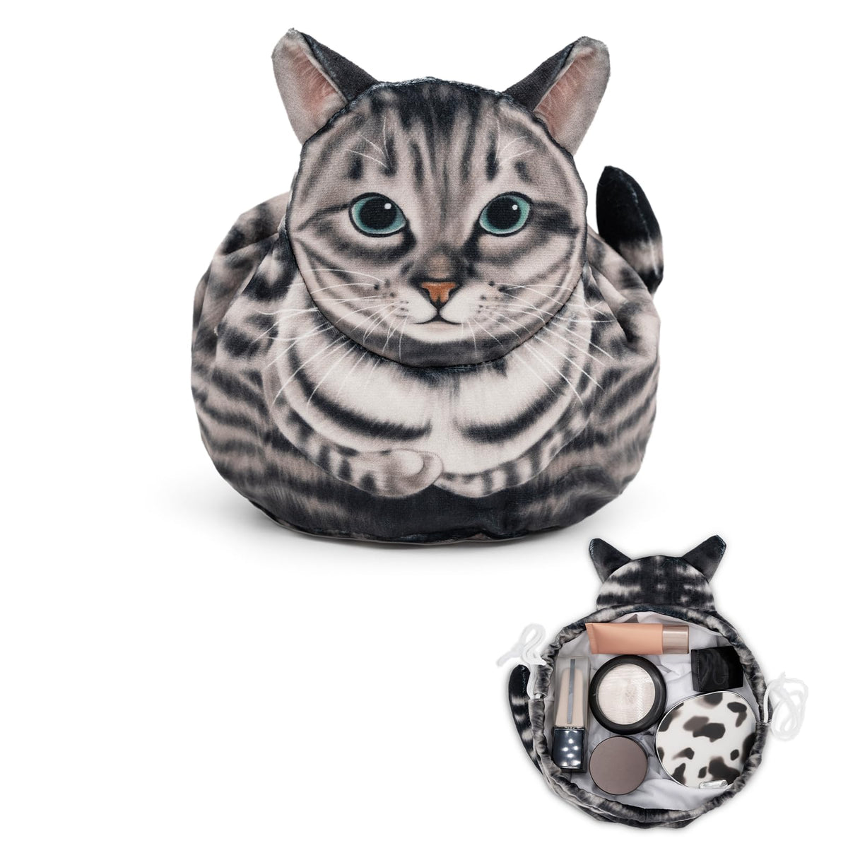 Trousse GKIOYRO chat gris ouverte, rangement pratique pour voyage et sac à main.
