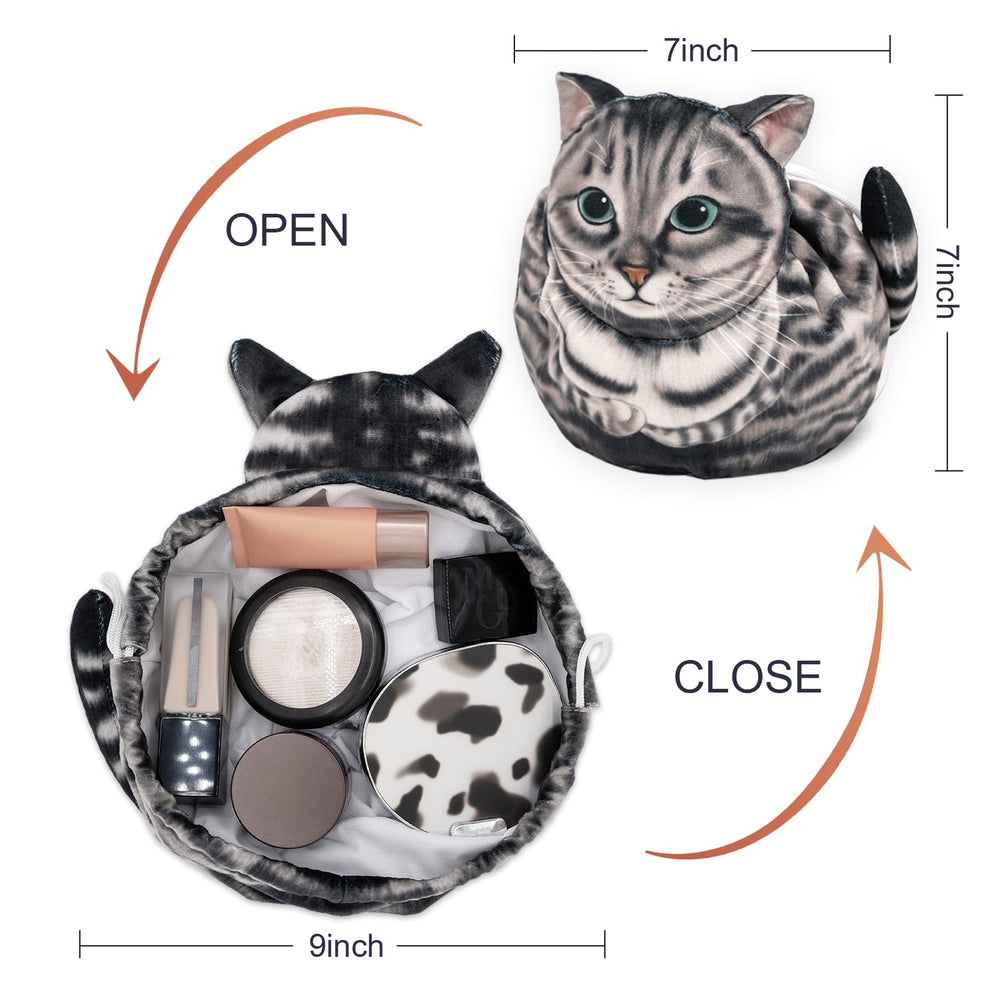 Trousse GKIOYRO chat gris, design réaliste pour look voyage tendance.