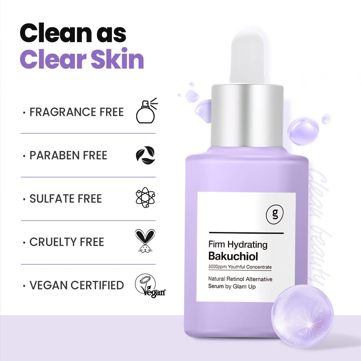 GLAM UP Bakuchiol Sérum — absorption rapide pour une routine matin et soir.