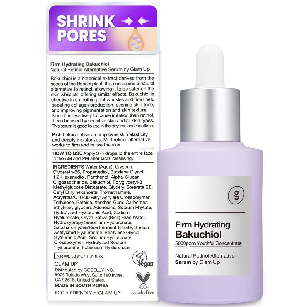 GLAM UP Bakuchiol Sérum — formulation non testée sur les animaux et adaptée à tous types de peau.