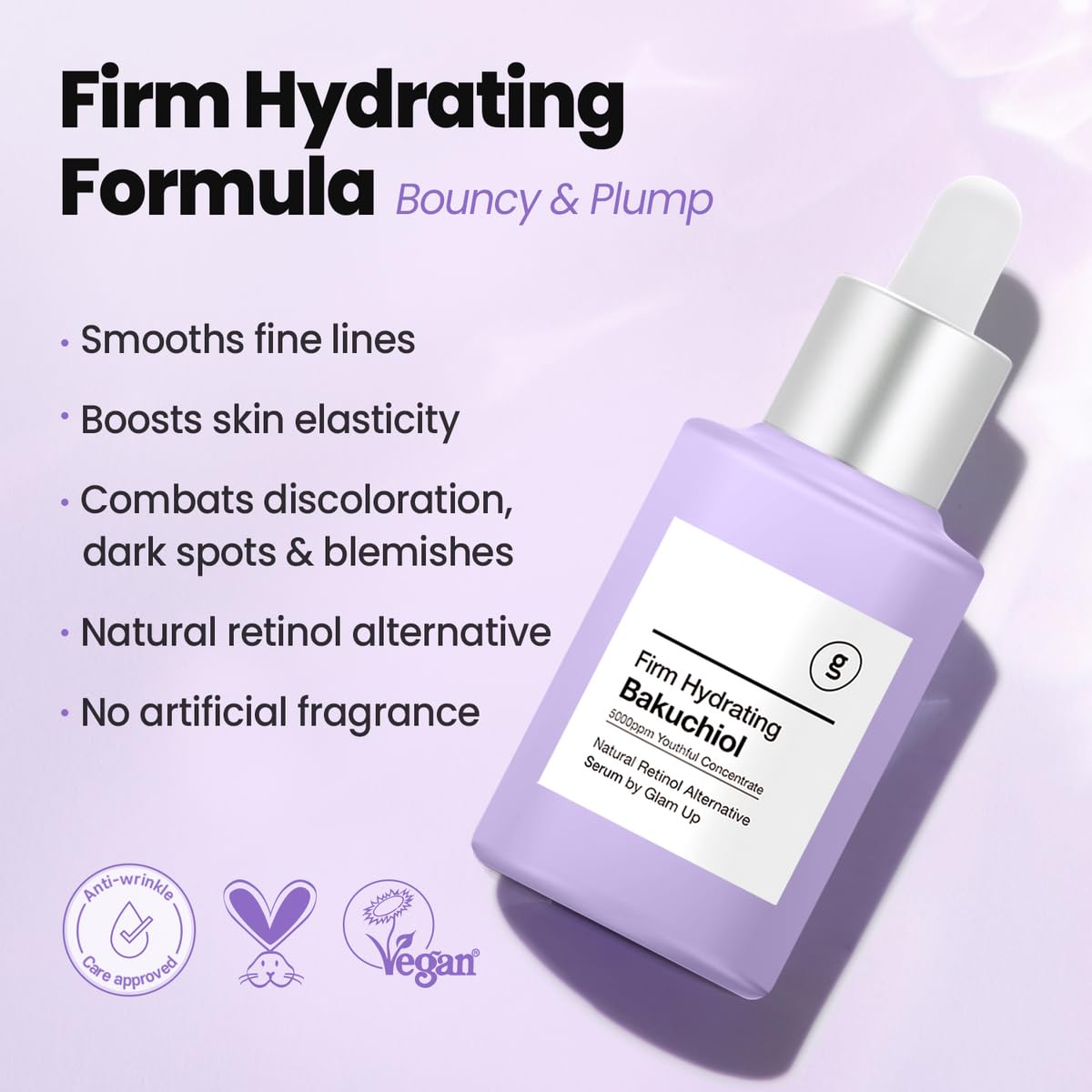 GLAM UP Bakuchiol Sérum — peau plus lisse et teint unifié grâce au lissage.