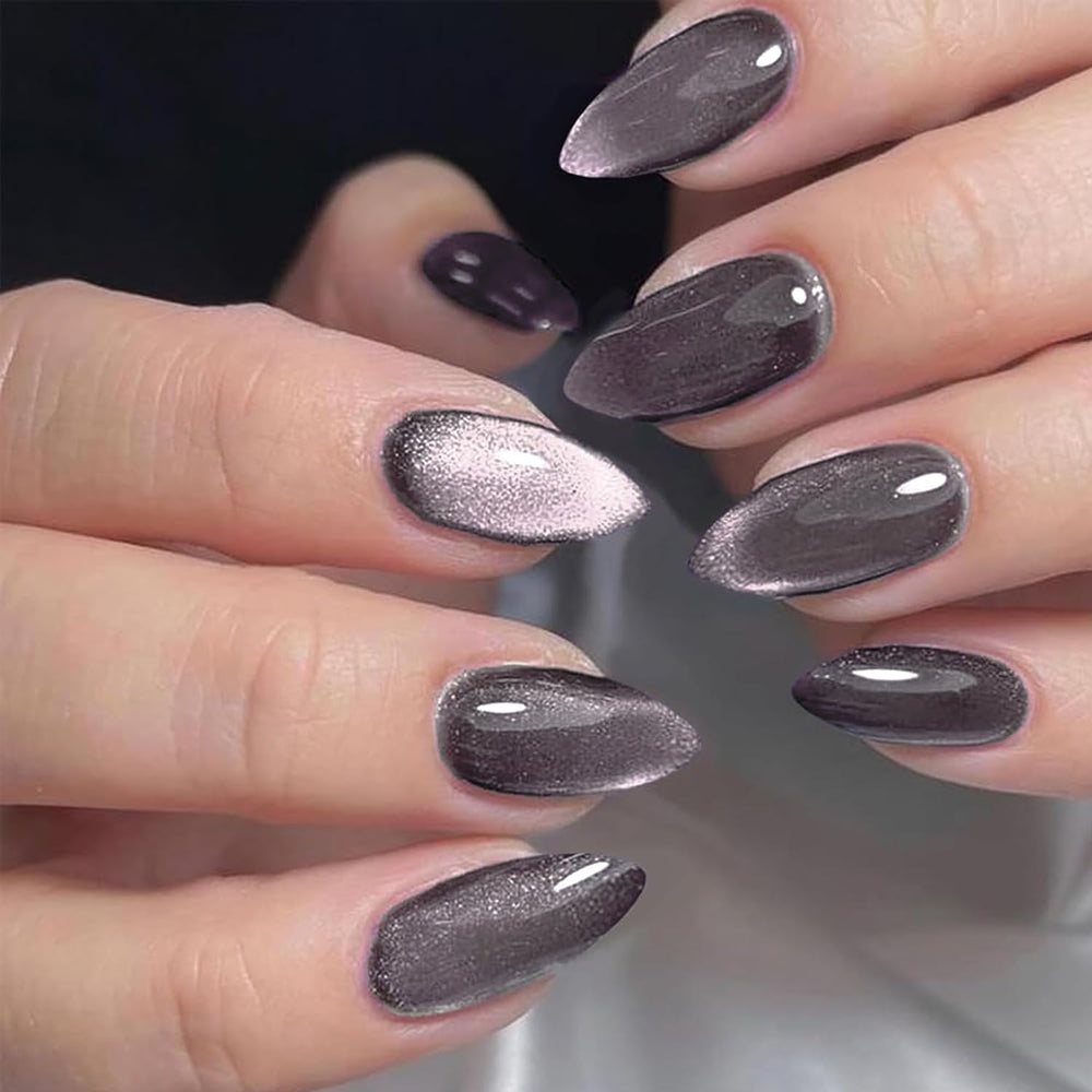 GLAMERMAID dark purple magnet cat eyes nails in short almond shape for bold evening style.