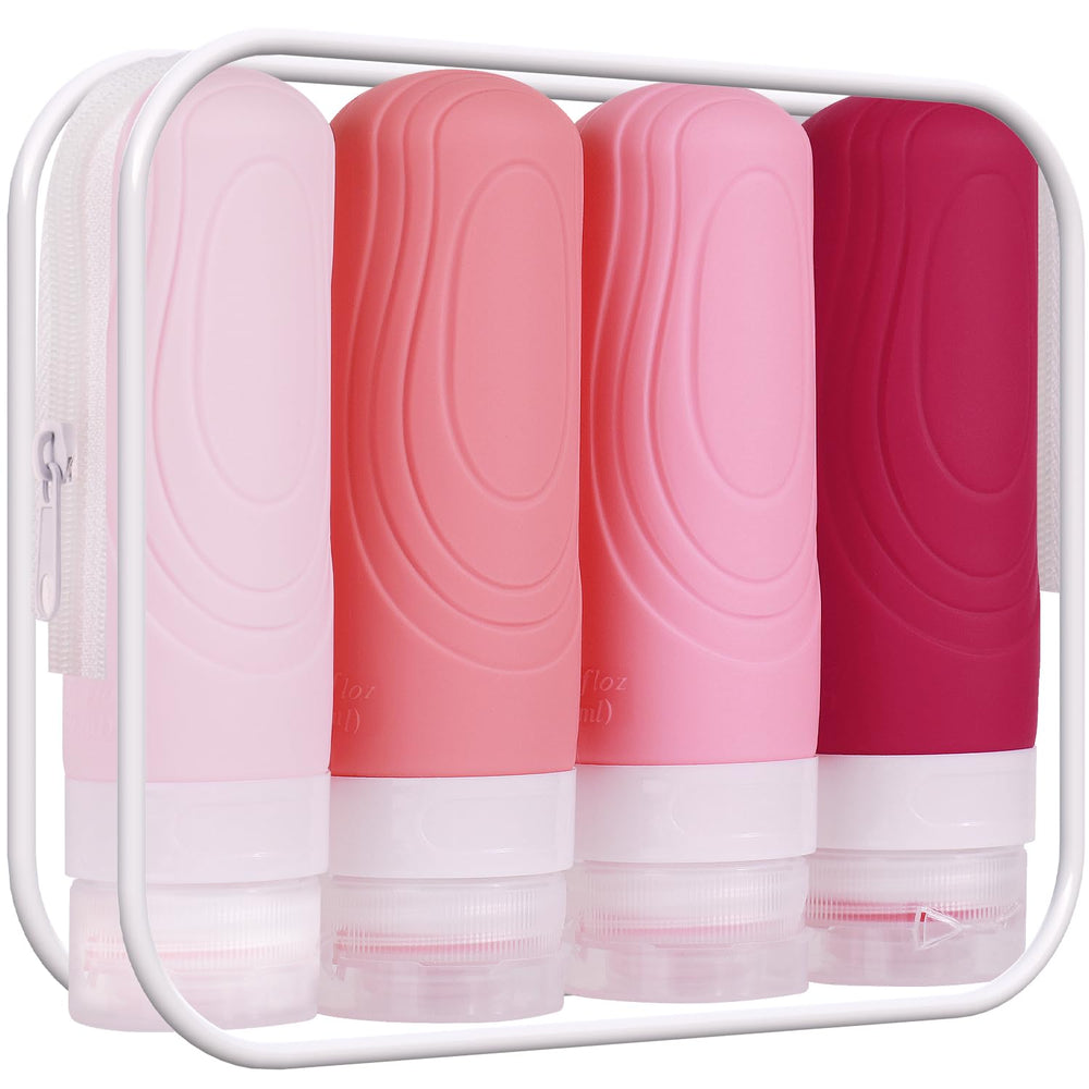 GLAMFIELDS bouteille voyage silicone rose 3oz, pratique pour shampoing et après-shampoing.