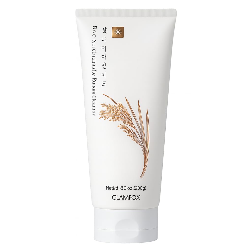 Glamfox Mousse nettoyante au riz et niacinamide — flacon montrant hydratation et éclat.