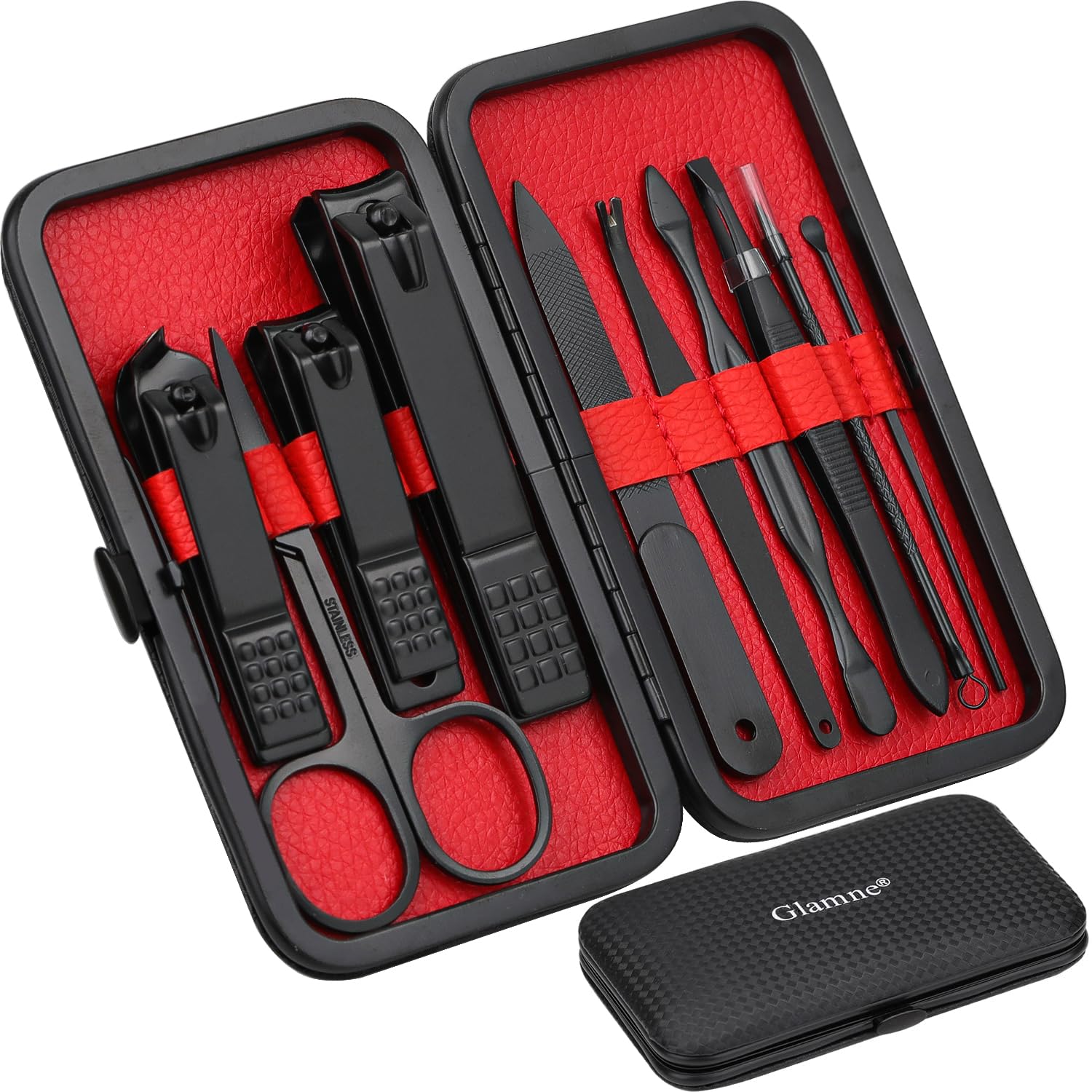 Glamne coffret manucure 10 en 1 dans étui noir, rangement pratique en voyage