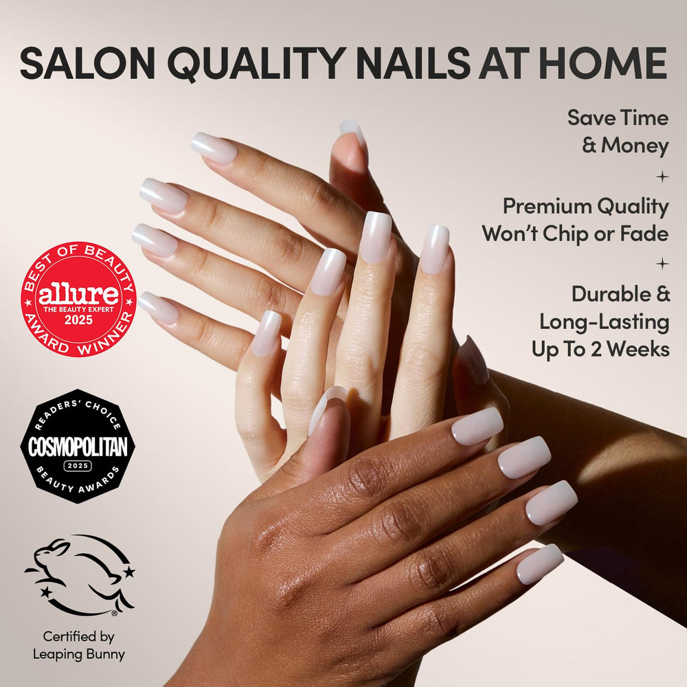Glamnetic Bailey medium square nails with dewy glaze flatter many skin tones.