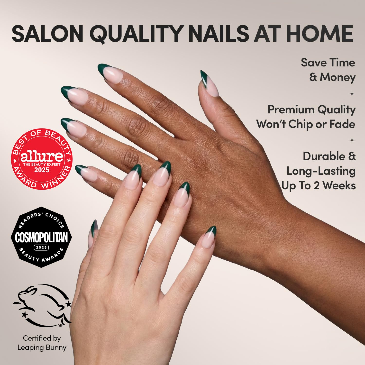 Glamnetic Château: ongles amande court vert foncé pour un look soigné et durable.