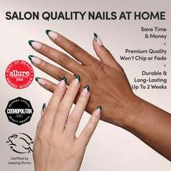 Glamnetic Château: ongles amande court vert foncé pour un look soigné et durable.