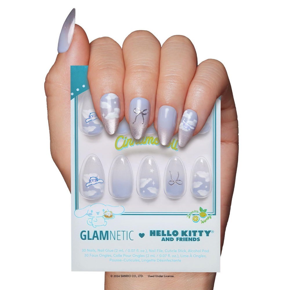 Glamnetic Cinnamoroll cloud nails in pale blue with 3D accents for long-lasting style.