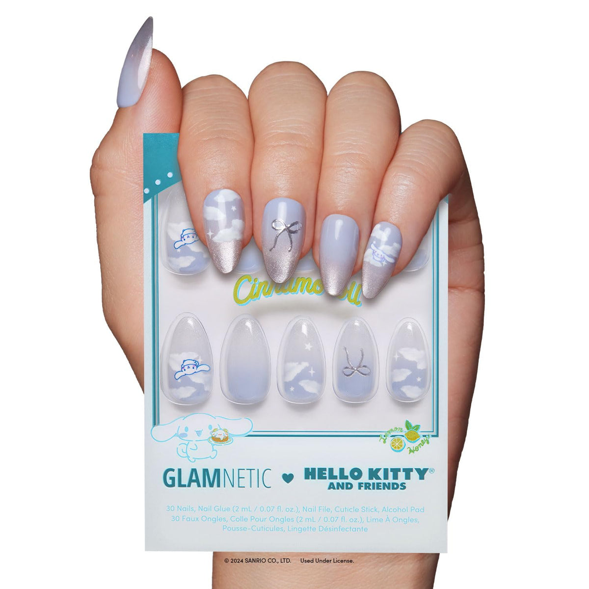 Glamnetic Cinnamoroll cloud nails in pale blue with 3D accents for long-lasting style.