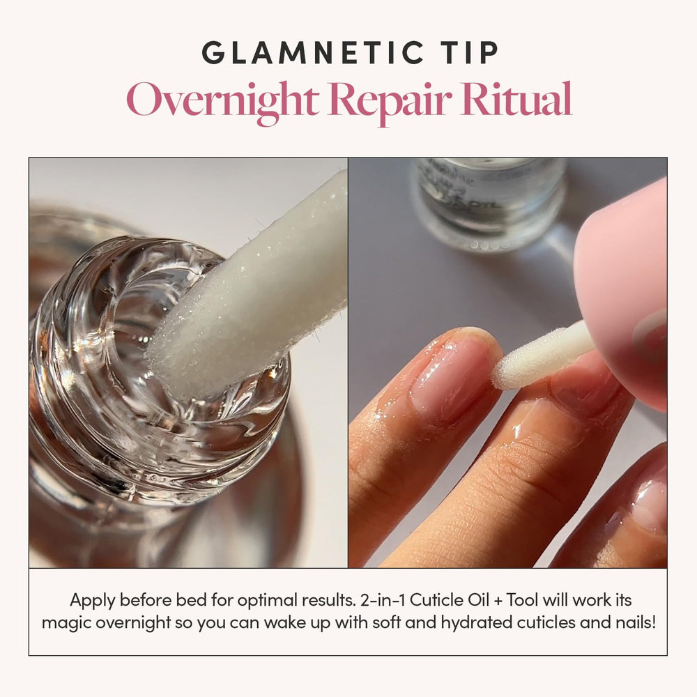 Glamnetic cuticle oil highlights sunflower, jojoba, chamomile botanicals.