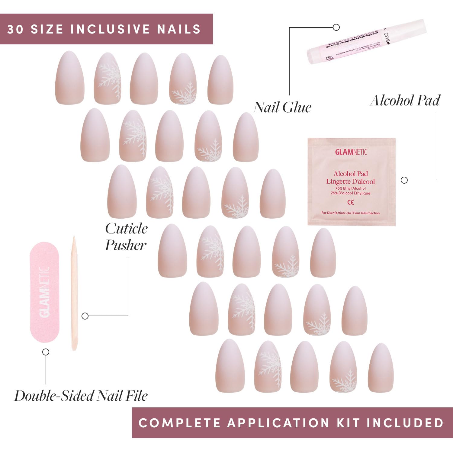Glamnetic Ensemble de 30 ongles en 15 tailles pour ajustement personnalisé.