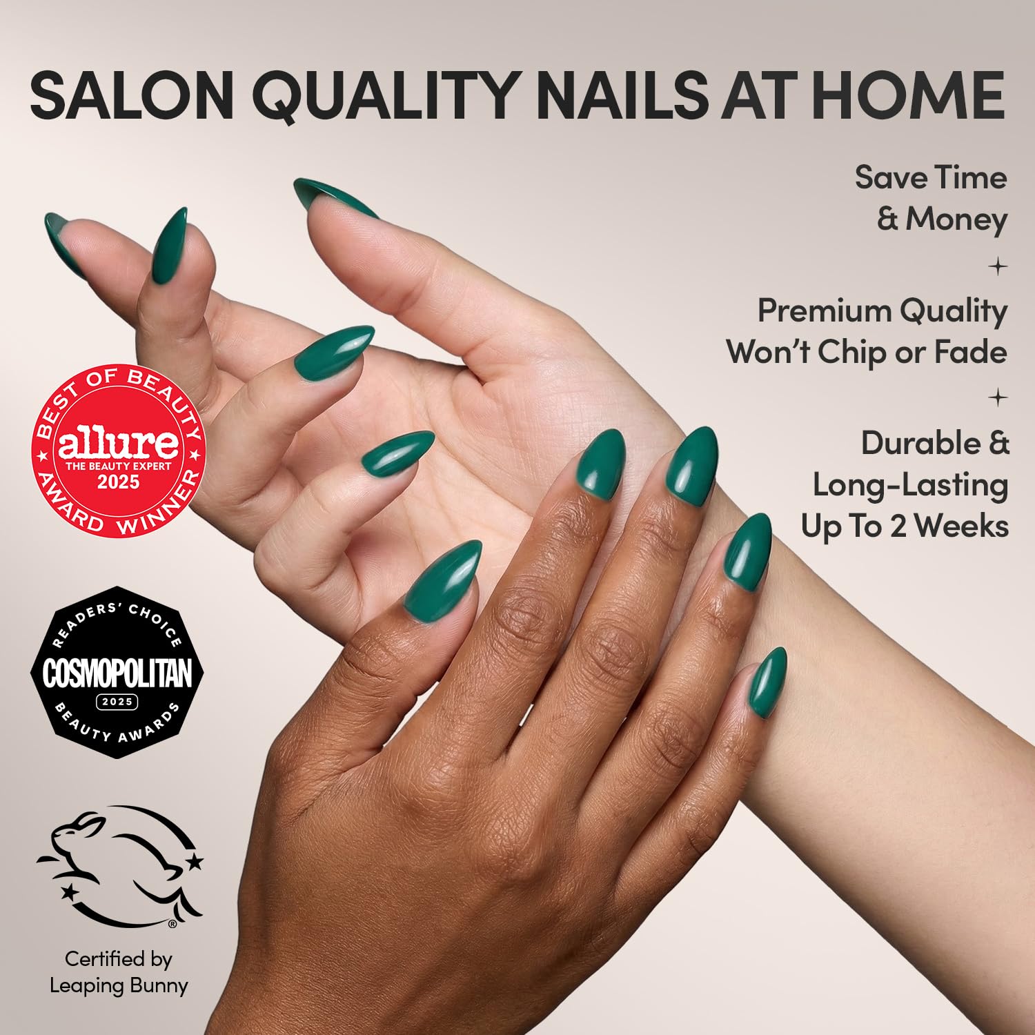 Ongles Glamnetic émeraude opaques pour une allure sophistiquée.