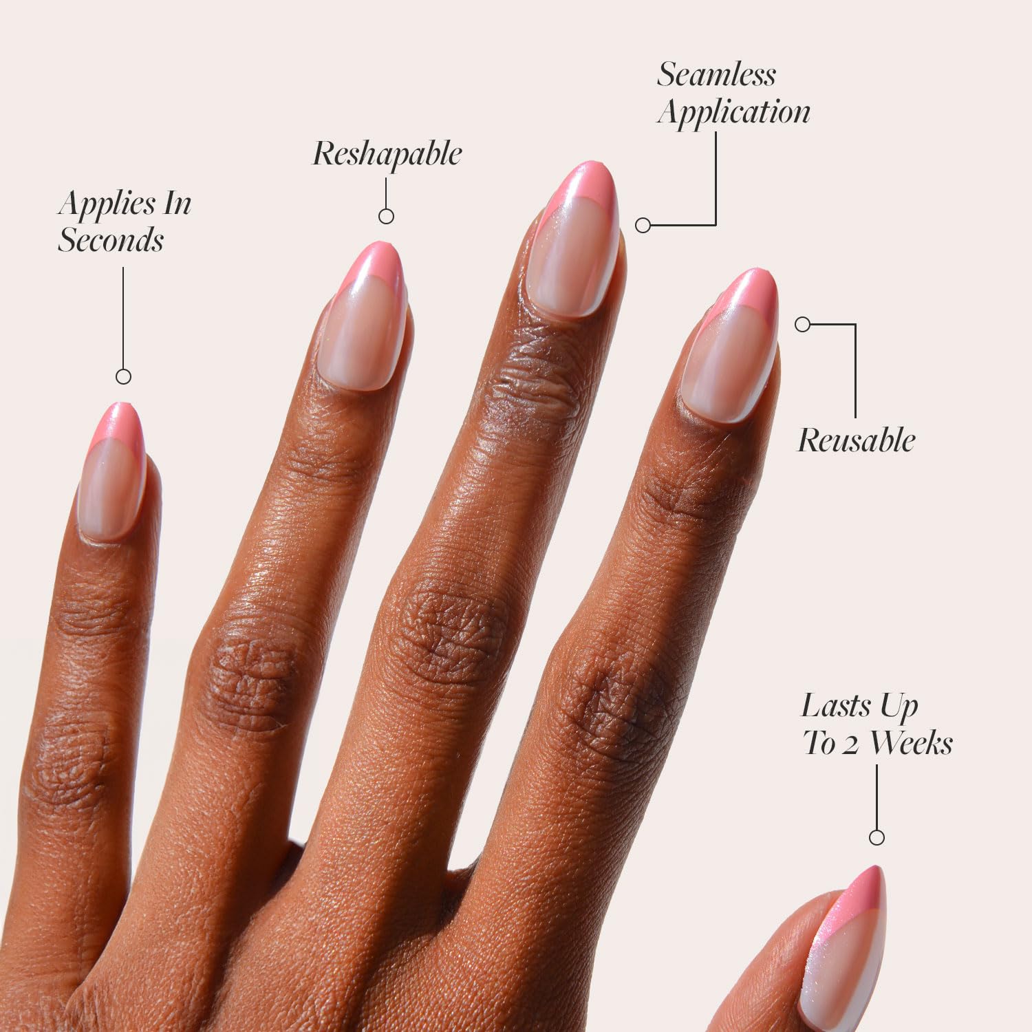 Glamnetic forme amande courte sur ongle, style élégant et pratique.