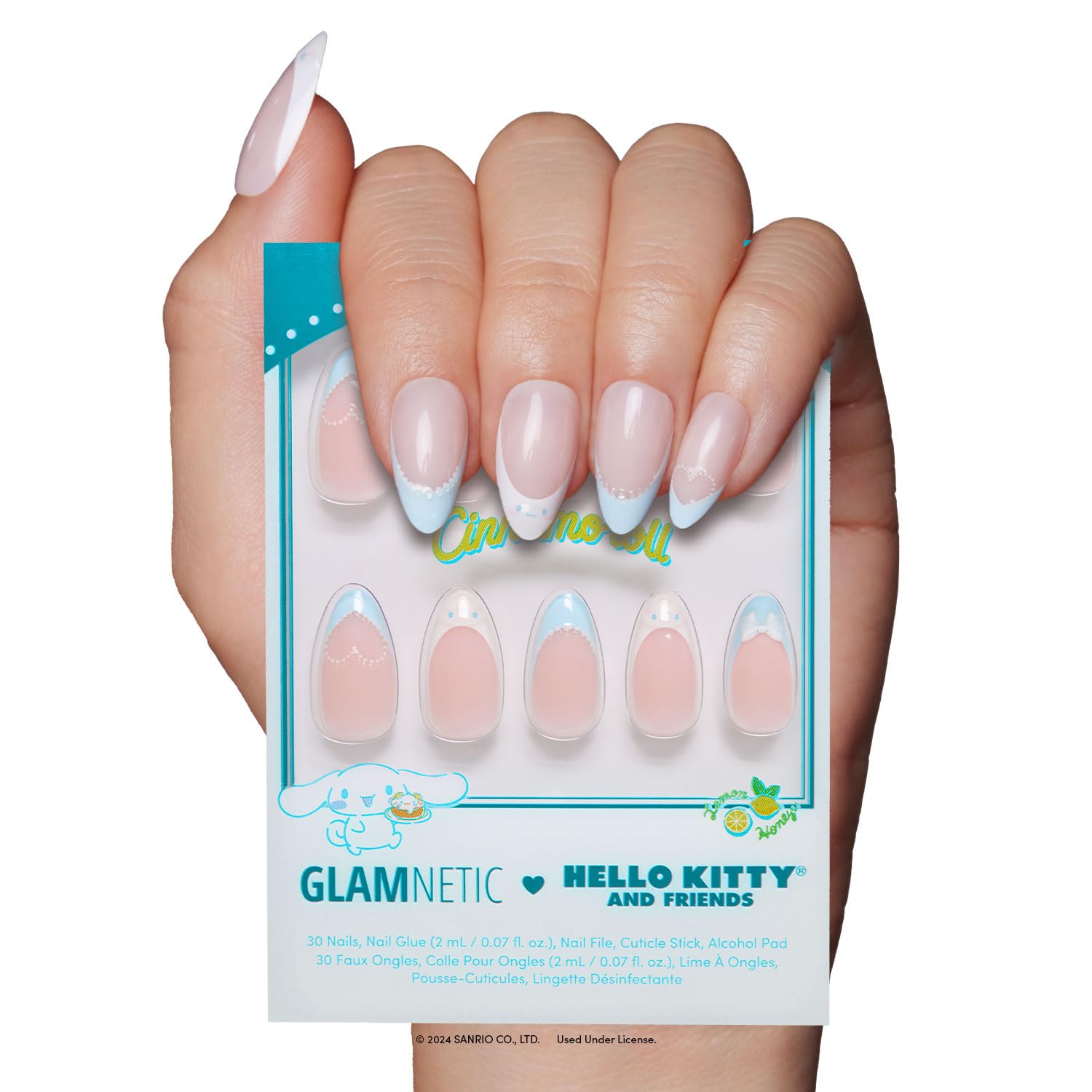 Glamnetic Hello Kitty Cinnamoroll face on nails for playful looks.