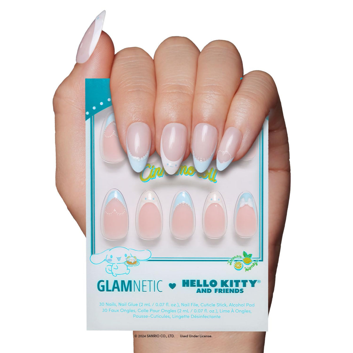 Glamnetic Hello Kitty Cinnamoroll face on nails for playful looks.