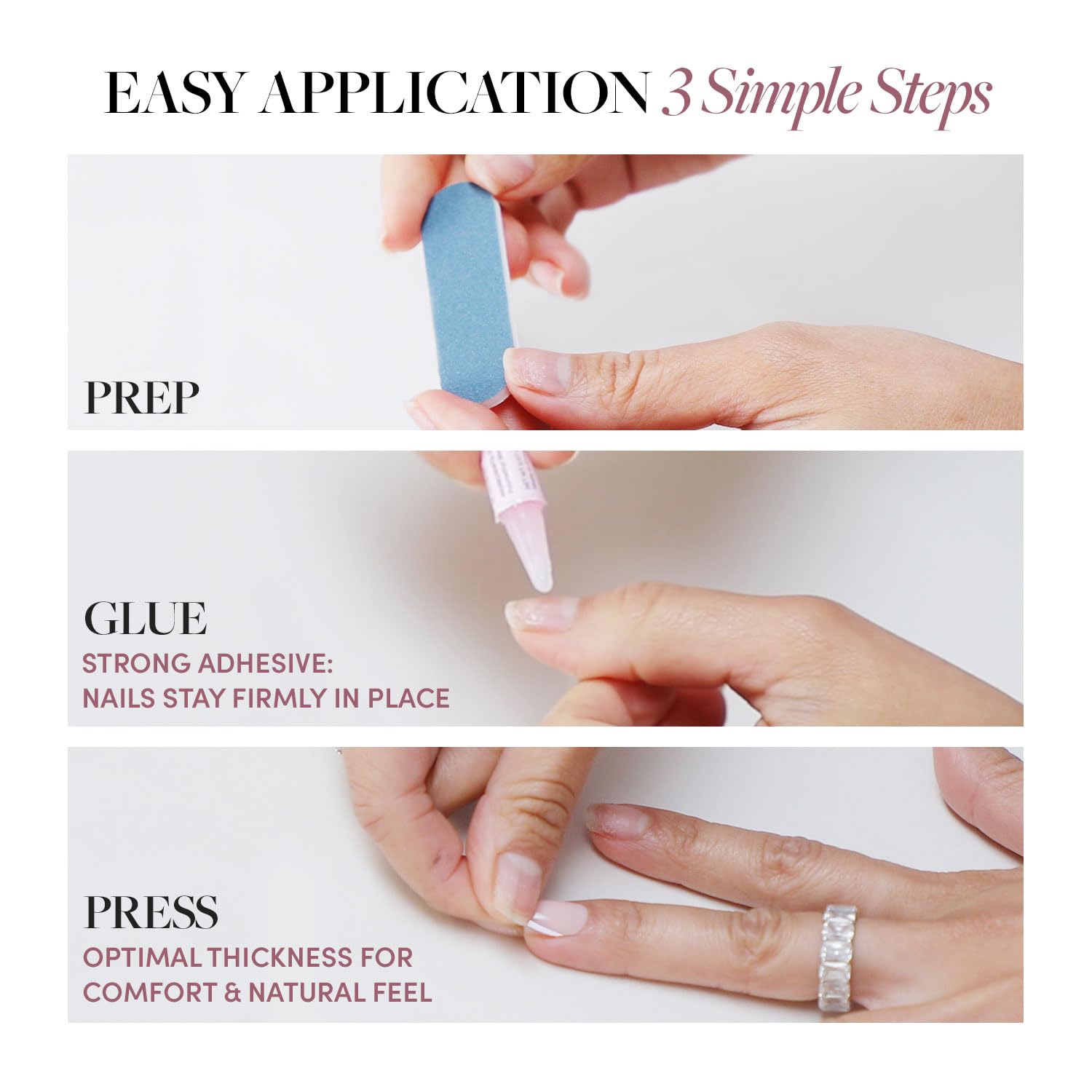 Glamnetic Love Me nails kit includes glue, file, and remover pad.