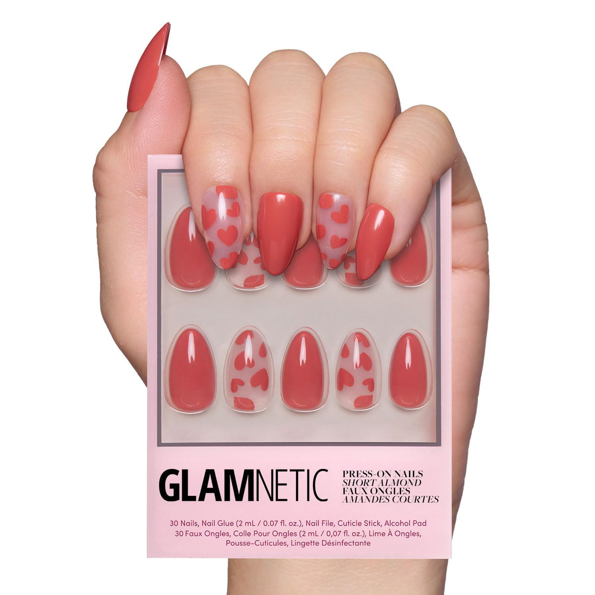 Glamnetic Love Me nails with semi-transparent red hearts for date nights.