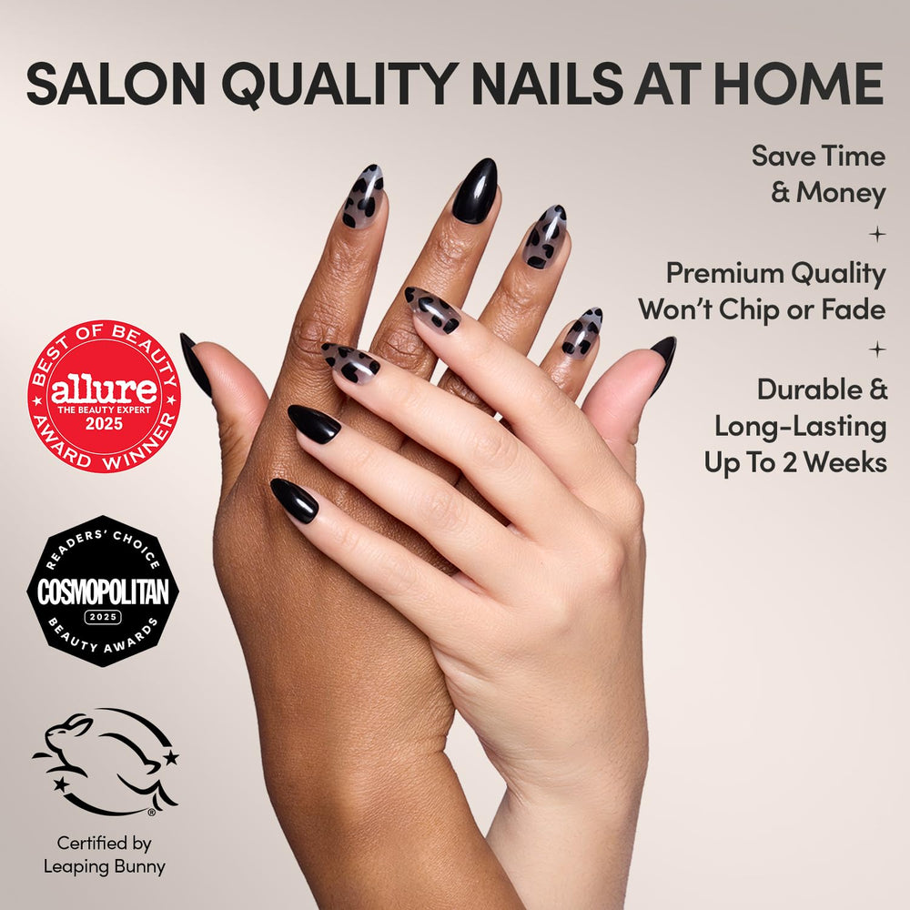 Glamnetic Love Me Not semi-transparent base nails add chic contrast to outfits.