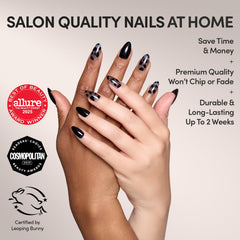 Glamnetic Love Me Not semi-transparent base nails add chic contrast to outfits.