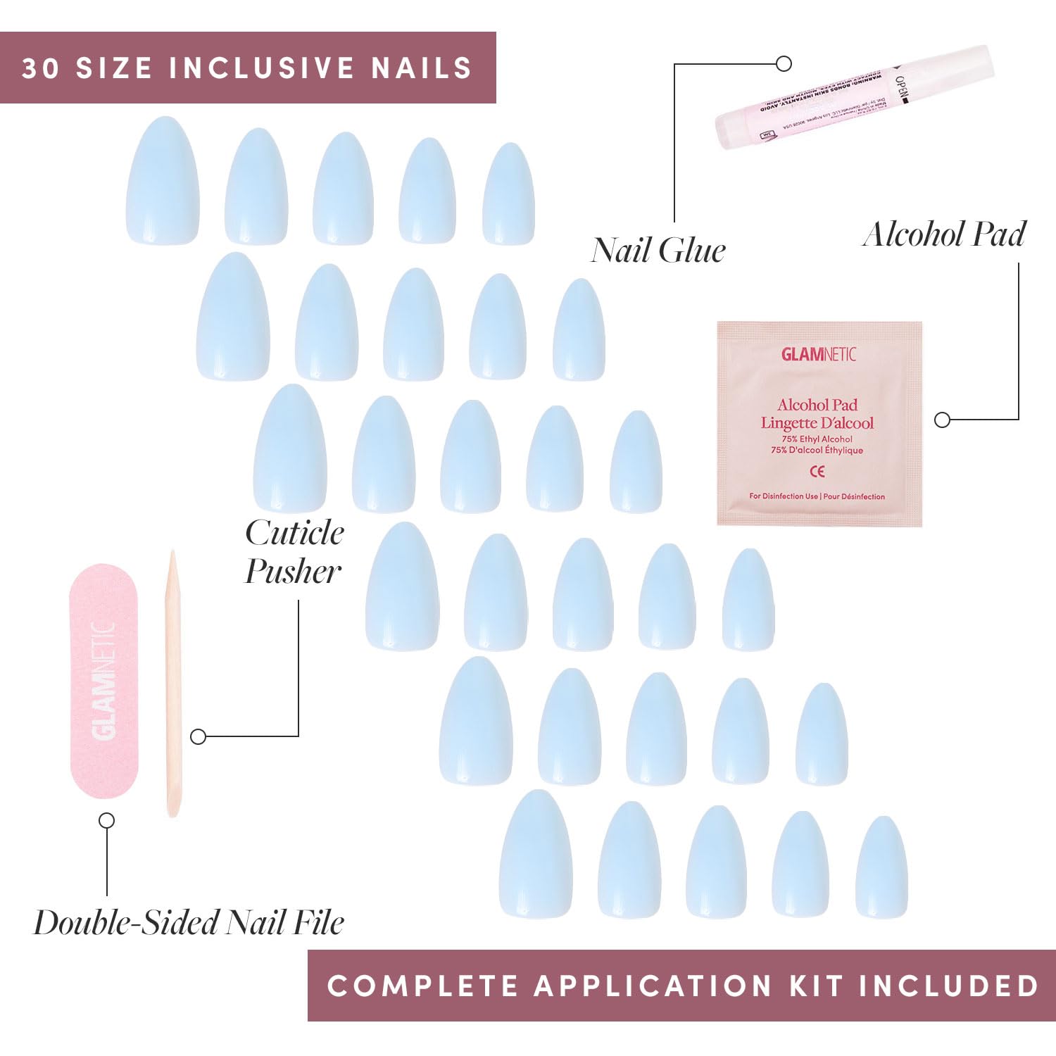 Glamnetic : kit de 30 ongles en 15 tailles, ajustement personnalisé.
