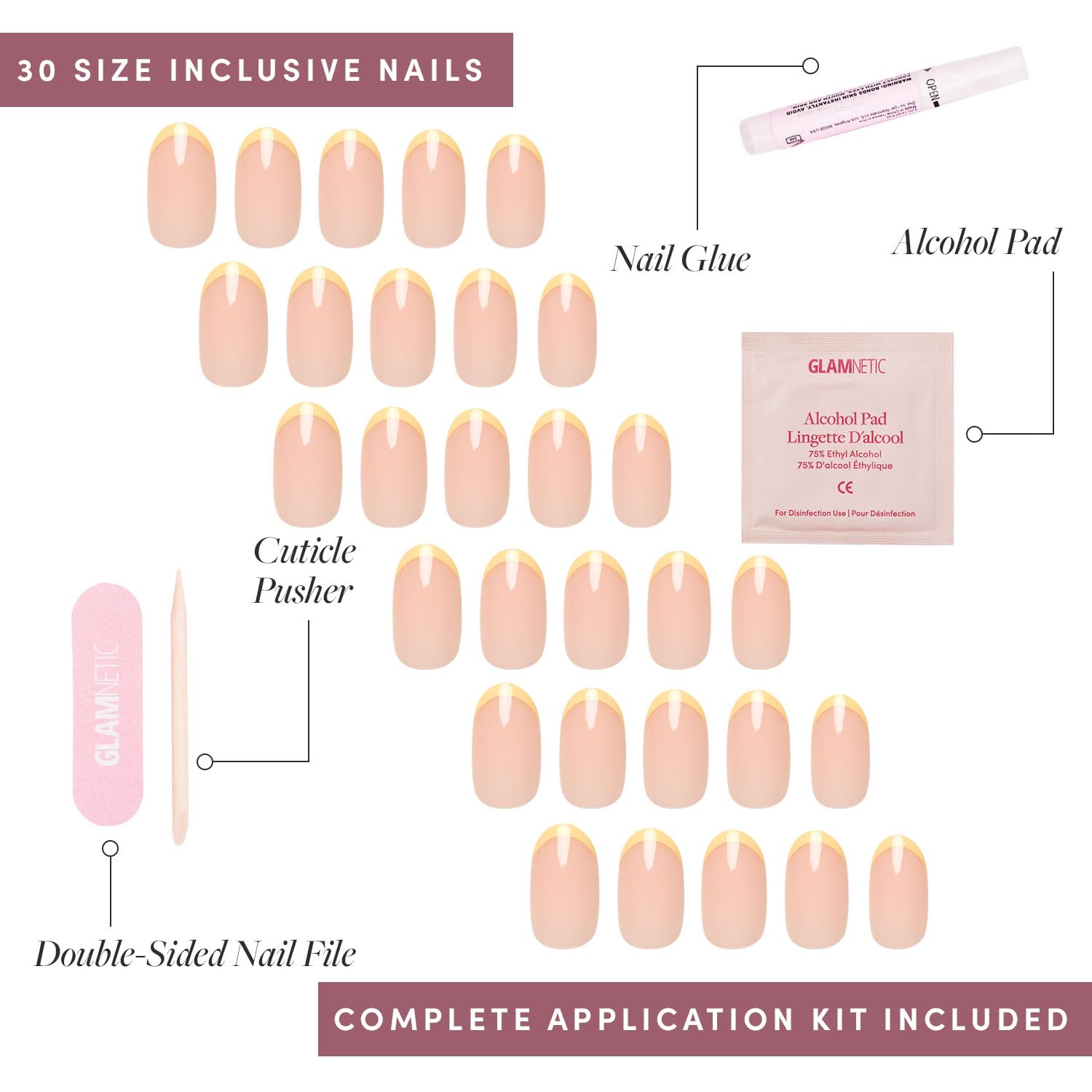 Glamnetic French Butter, colle et lime inclus pour une pose facilitée.
