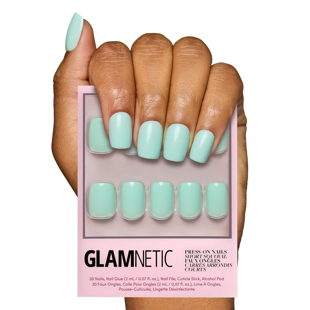 Glamnetic onglets adhésifs bleu-vert doux dans boîte, prêt à poser